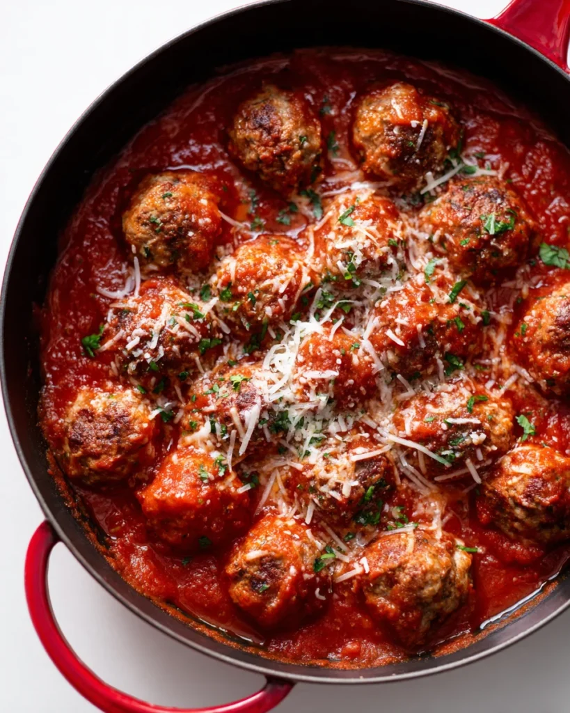 Ricotta meatballs simmering in a red cast iron pan with Parmesan
