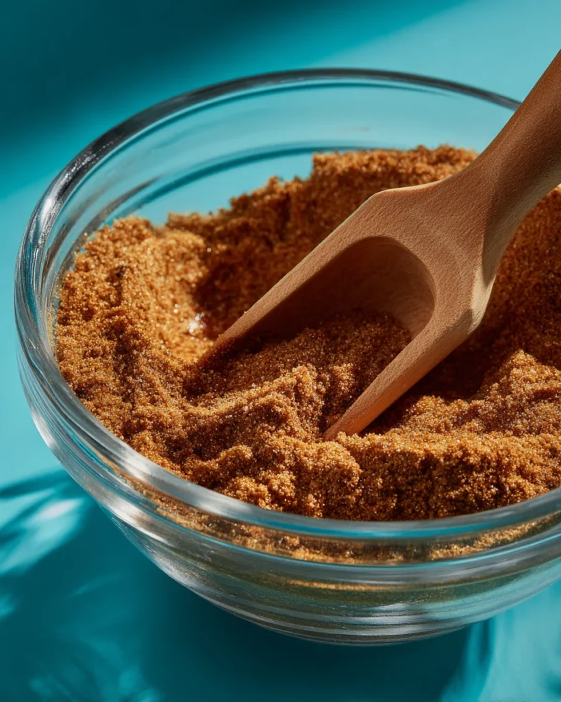 Blended shawarma seasoning in a glass bowl with a wooden scoop