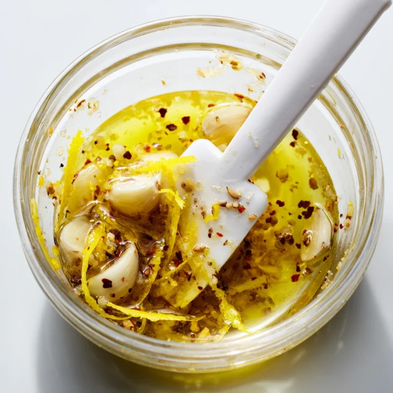 Stirring lemon garlic marinade in a glass jar with a white spatula, showing zest and garlic cloves in olive oil