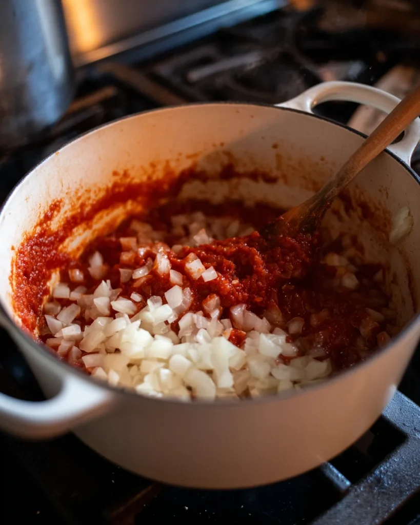 tomato paste and onions being stirred together in white Dutch oven