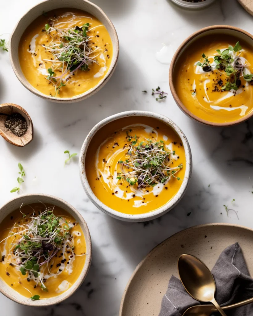 Overhead view of pumpkin soup bowls topped with sprouts and pepper on marble.