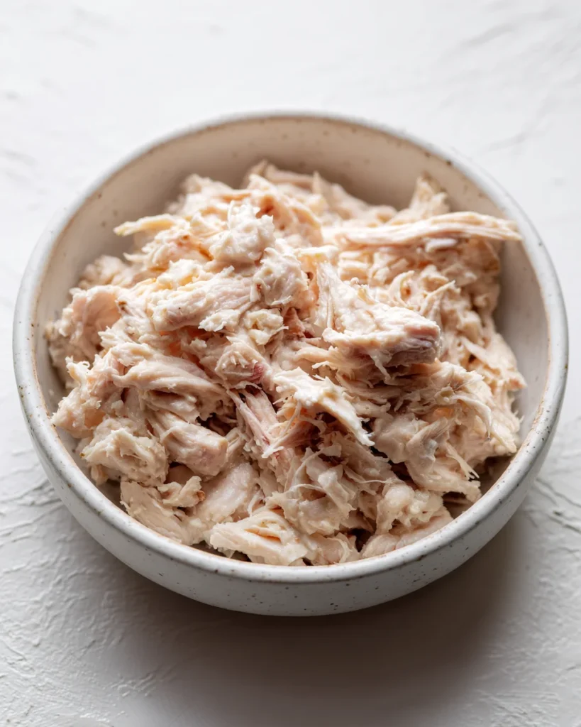 Freshly shredded chicken breast in a ceramic bowl on a white background.