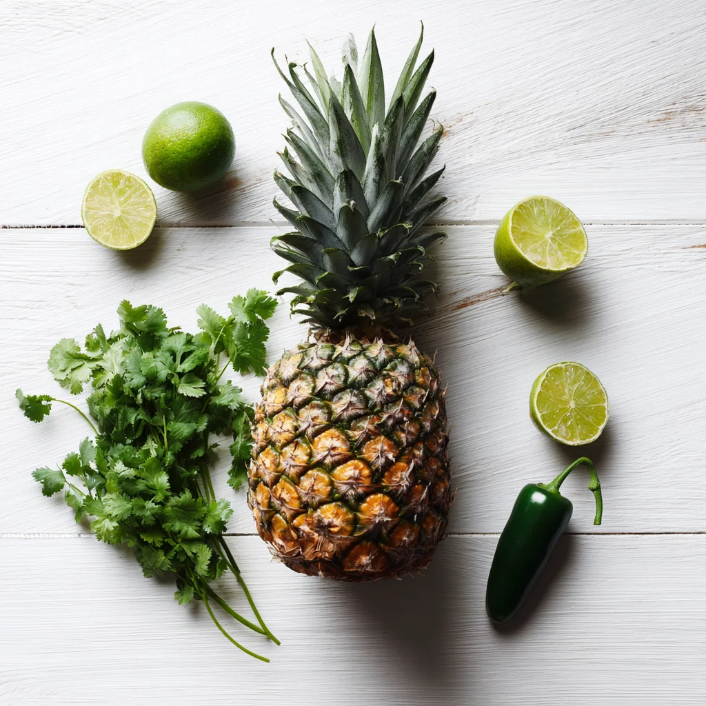 Whole pineapple with fresh cilantro, jalapeño, and limes on a white wooden background