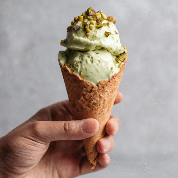Hand holding a waffle cone filled with pistachio ice cream