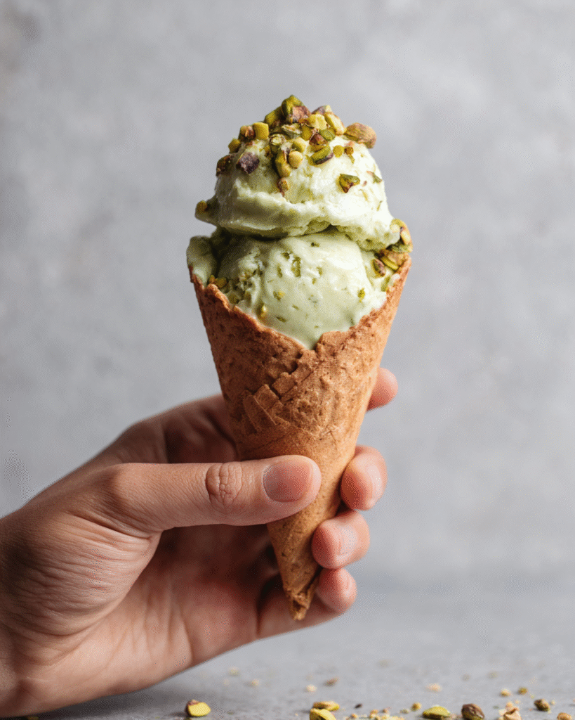 Hand holding a waffle cone filled with pistachio ice cream