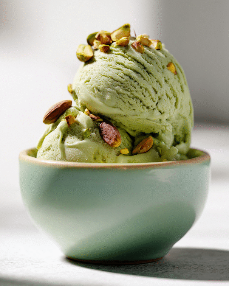 Creamy pistachio ice cream with chopped nuts in a green ceramic bowl