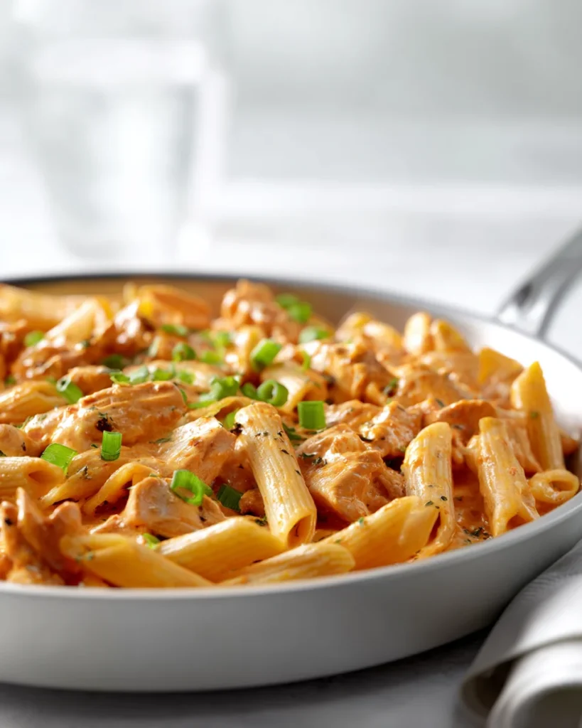 Creamy Buffalo Chicken Pasta garnished with chopped green onions, served in a skillet.