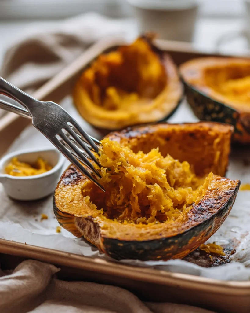 Roasted pumpkin flesh being scooped with a fork from golden caramelized wedges.