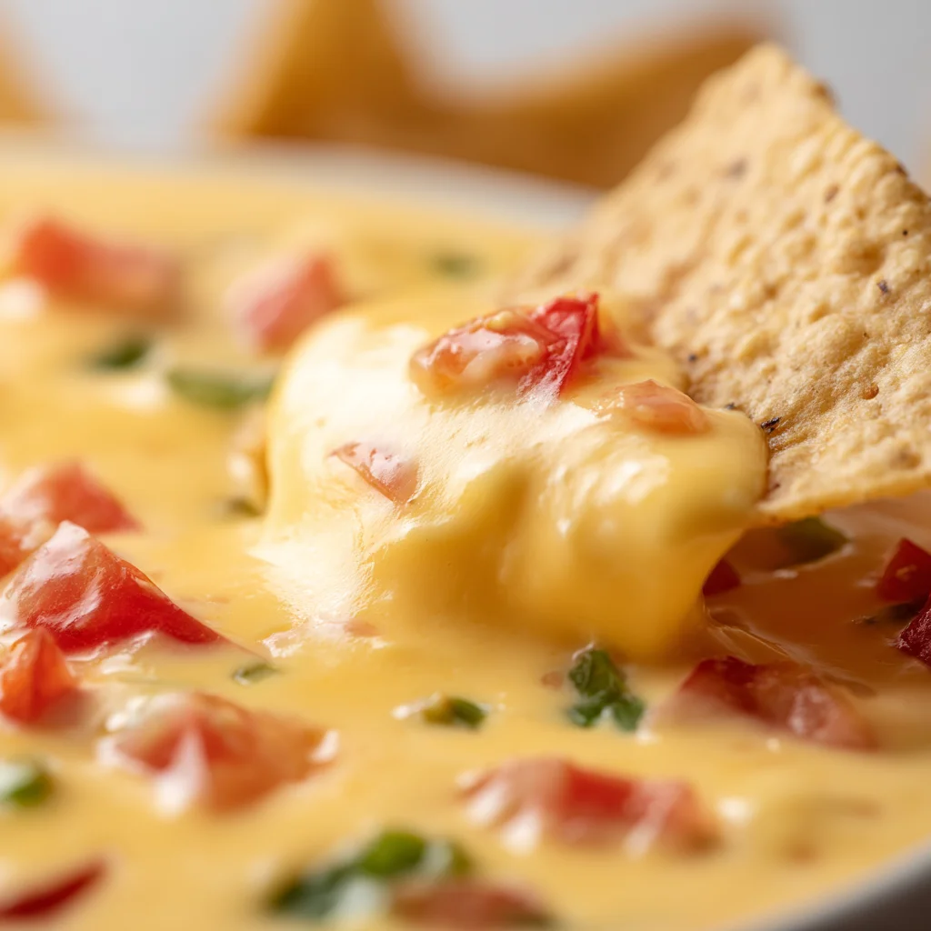 Tortilla chip lifting creamy Velveeta queso with diced tomatoes and green chiles
