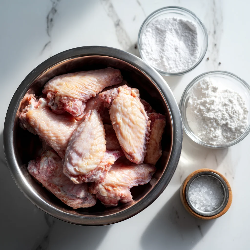 Raw chicken wings in a metal bowl with flour, baking powder, and salt on a marble counter
