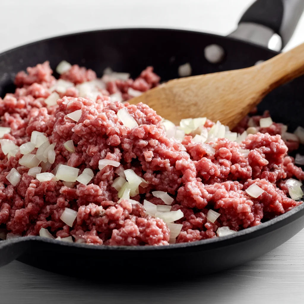 Raw ground beef and diced onions cooking in a skillet
