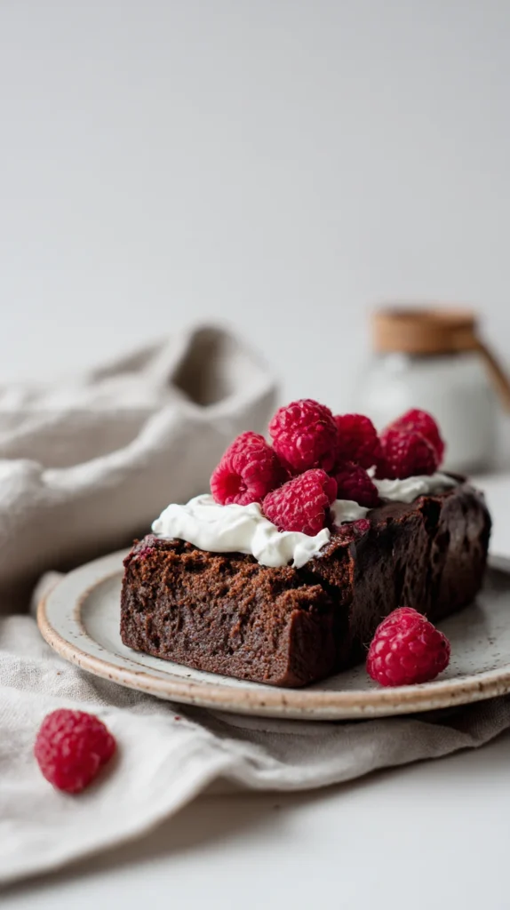  A close-up slice of chocolate raspberry loaf topped with yogurt and fresh raspberries on a ceramic plate

