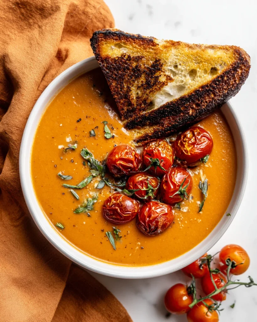 Creamy roasted garlic tomato soup topped with blistered cherry tomatoes and grilled bread in a white bowl