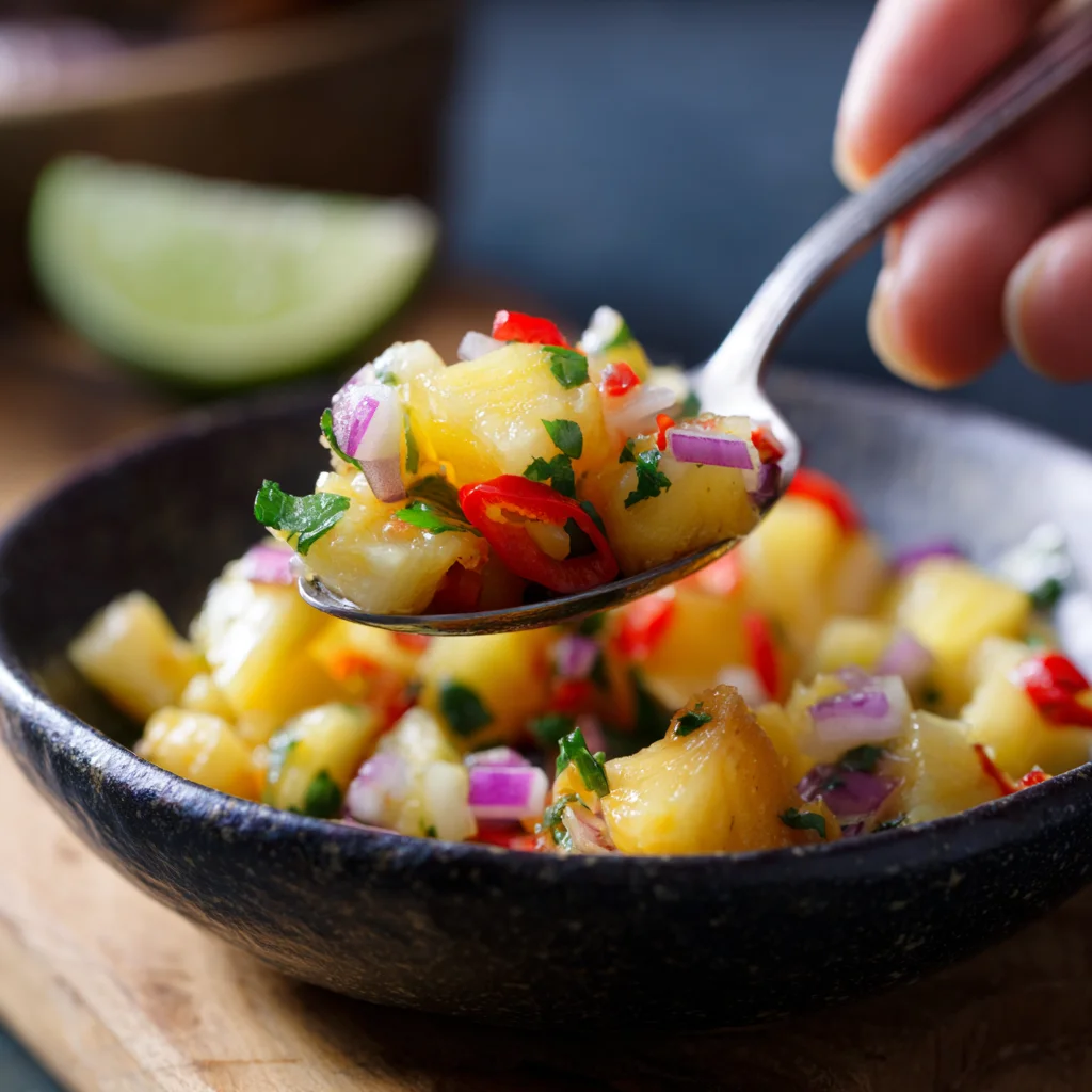 Spoonful of pineapple salsa with red onion, chili, and cilantro over a dark rustic bowl