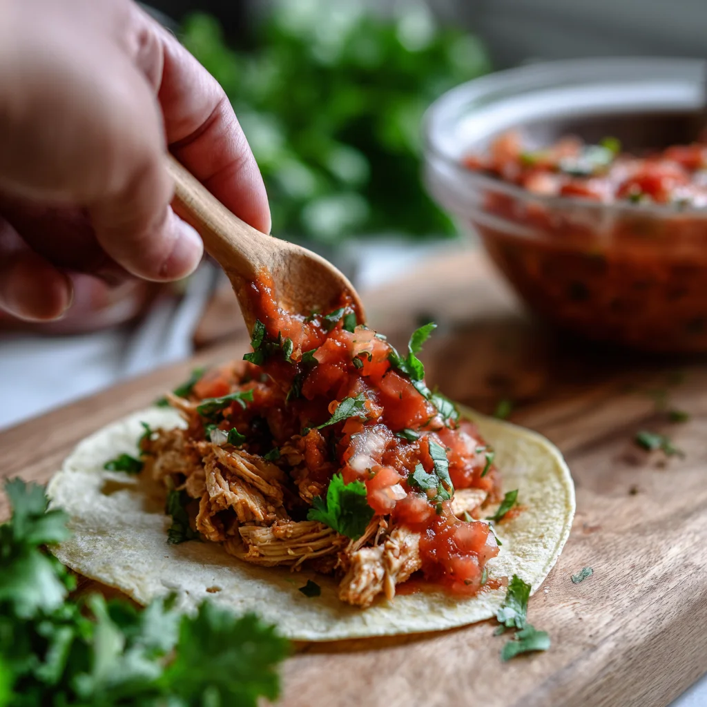Hand assembling a taco with salsa and shredded chicken on a soft corn tortilla