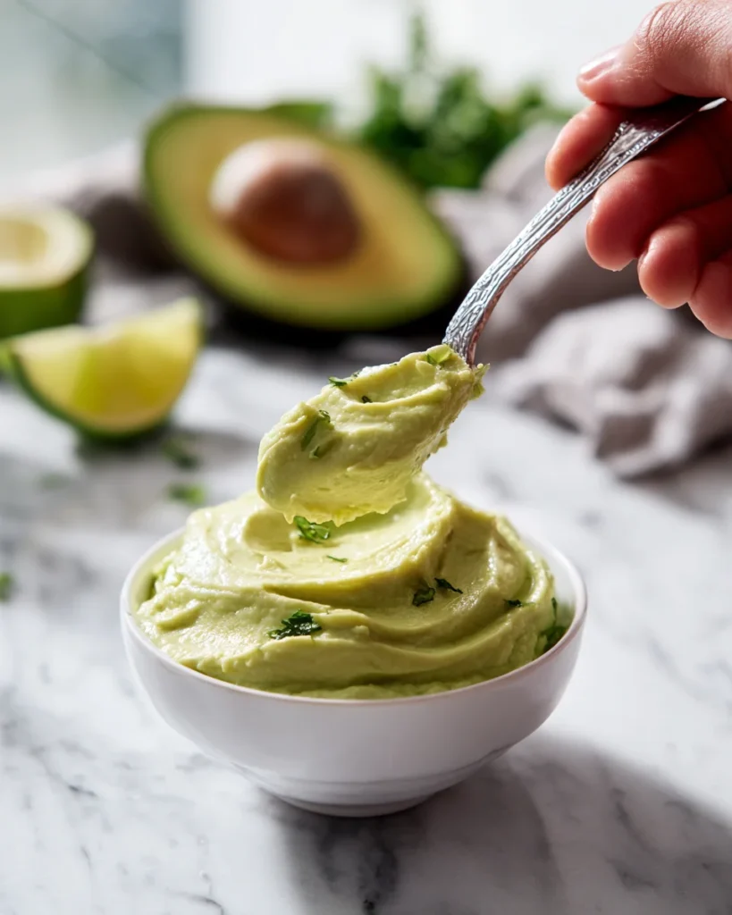 Close-up of a hand scooping creamy avocado lime dip from a white bowl with silver spoon, lime and avocado blurred in background