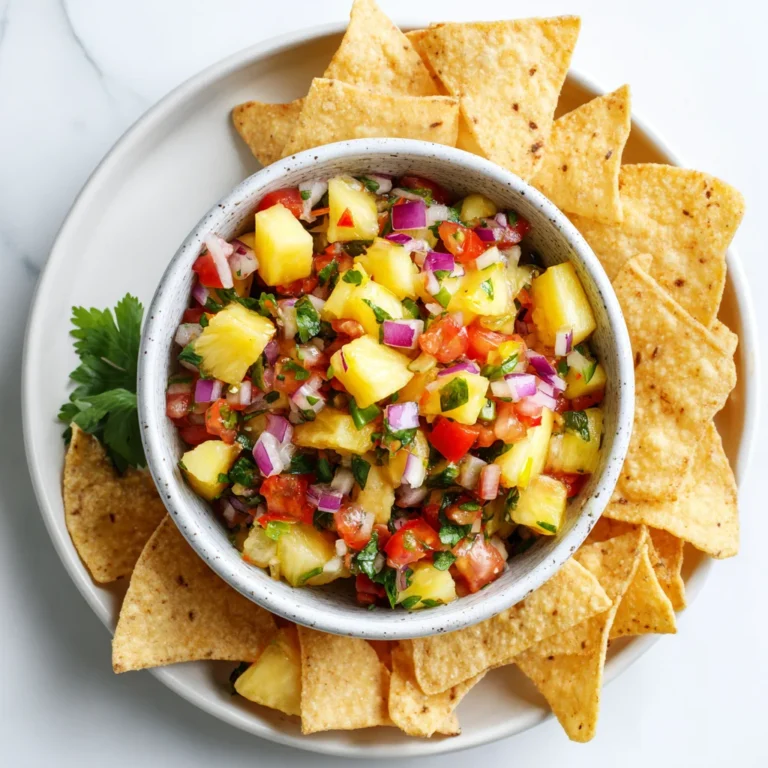 Fresh pineapple salsa with red onion and cilantro in a white bowl, surrounded by tortilla chips on a plate