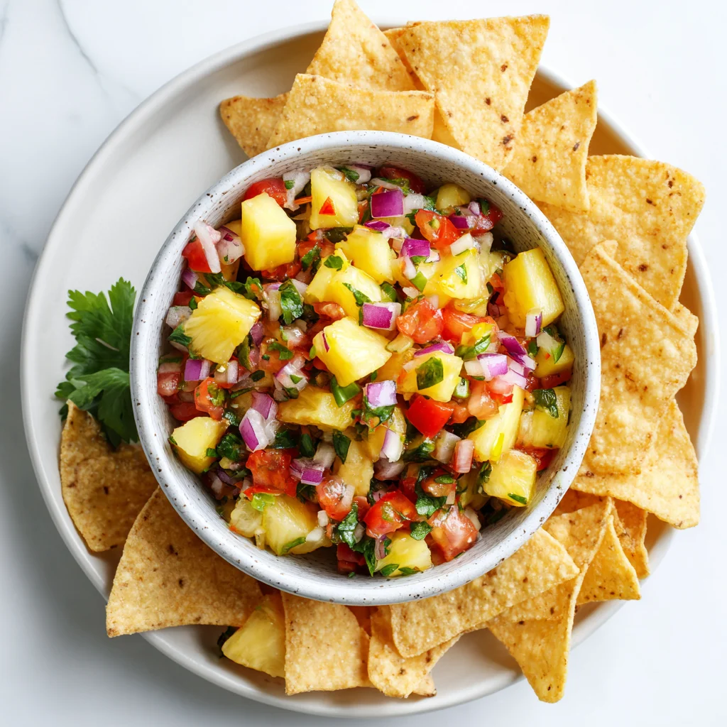 Fresh pineapple salsa with red onion and cilantro in a white bowl, surrounded by tortilla chips on a plate