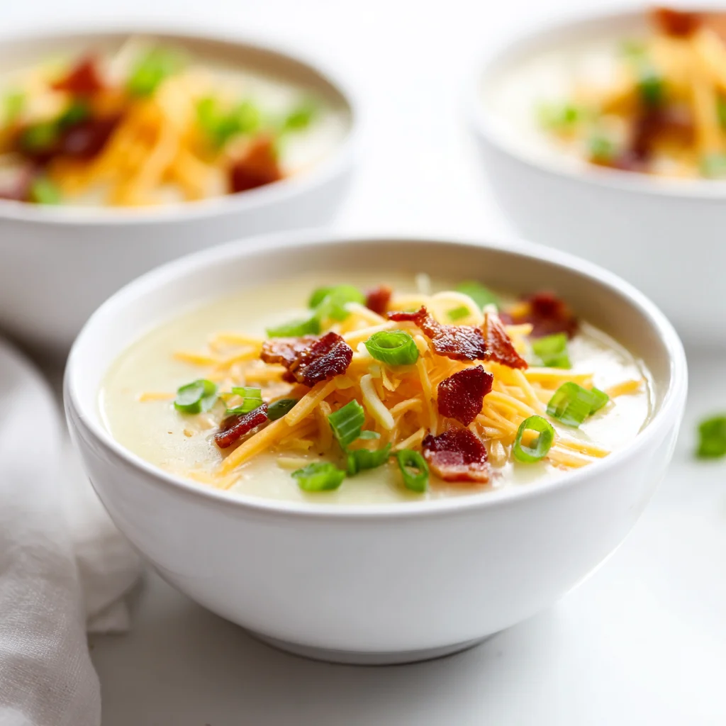 Bowl of creamy potato soup topped with cheddar cheese, turkey bacon, and green onions on white background
