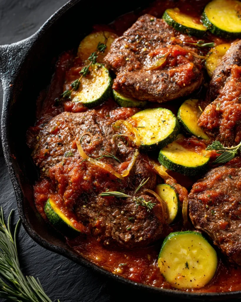 Pan-seared pork chops simmering with zucchini and tomato sauce in a skillet