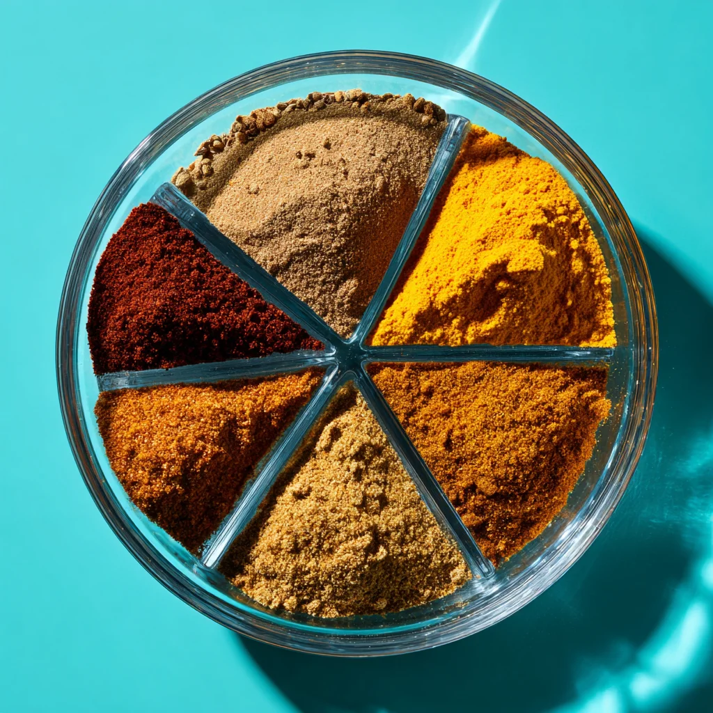 Top-down view of seven shawarma spices neatly separated in a glass bowl