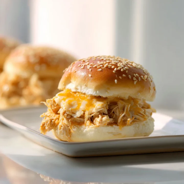 Single cheesy chicken slider on a white plate with sesame seed bun