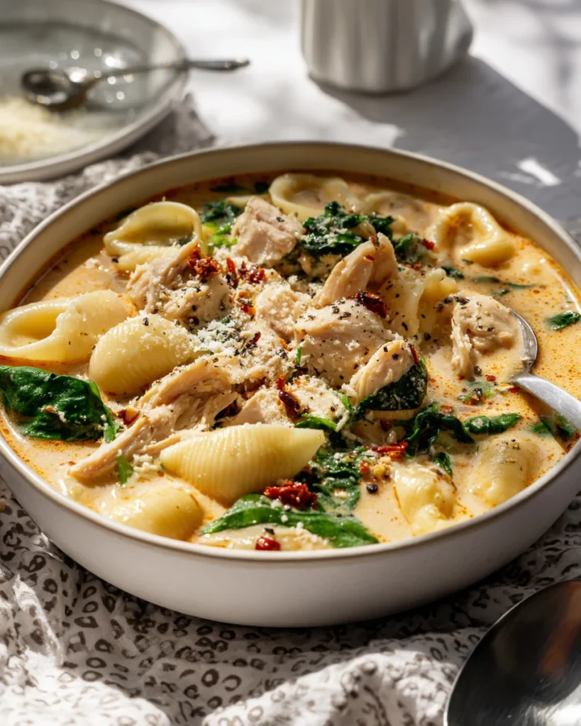 large white bowl of creamy marry me chicken soup with chicken, spinach, and pasta shells