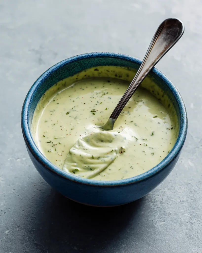 Side angle of lemon herb tahini dressing in blue-striped bowl with spoon dipped into creamy sauce