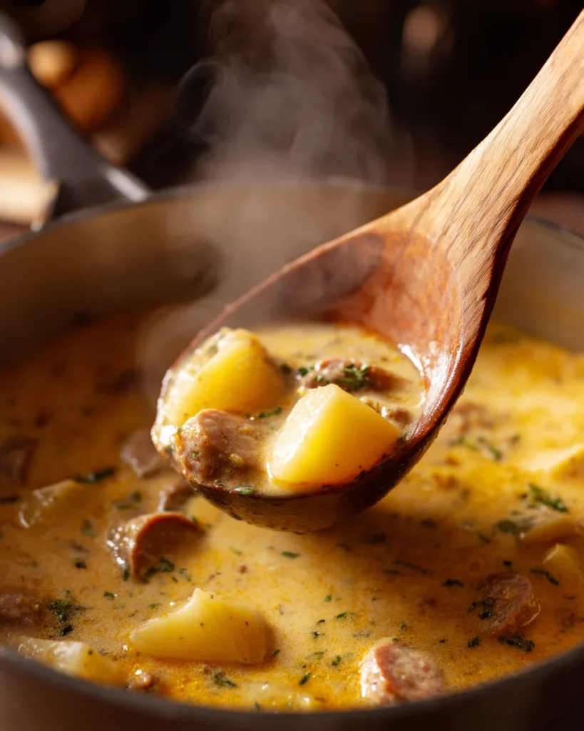Wooden ladle lifting creamy Cajun potato soup with potatoes and sausage from a steaming pot