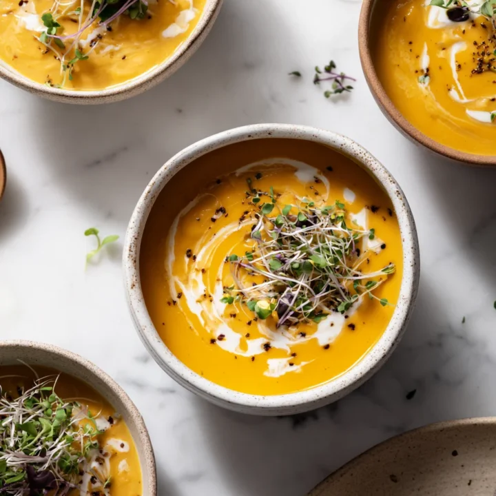Creamy pumpkin soup in ceramic bowls topped with microgreens and coconut swirl on white marble.