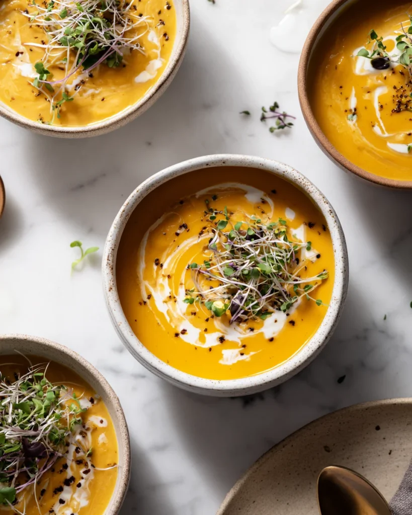 Creamy pumpkin soup in ceramic bowls topped with microgreens and coconut swirl on white marble.