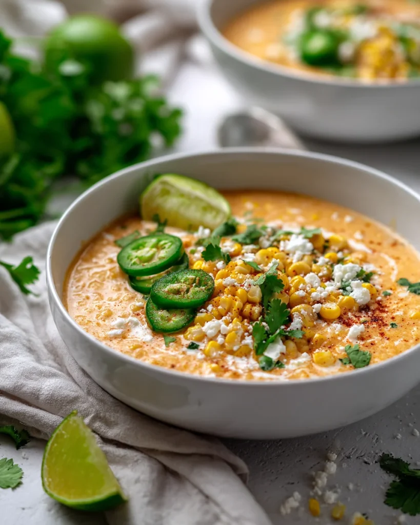 Two bowls of Mexican corn soup with jalapeños, cilantro, cotija, and lime wedges.