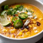 Creamy blended corn soup swirled with crema and topped with chili flakes.