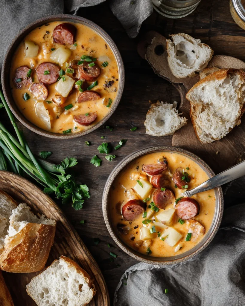 Rustic bowls of Cajun potato soup with sausage, served with fresh herbs and crusty bread on a wooden table