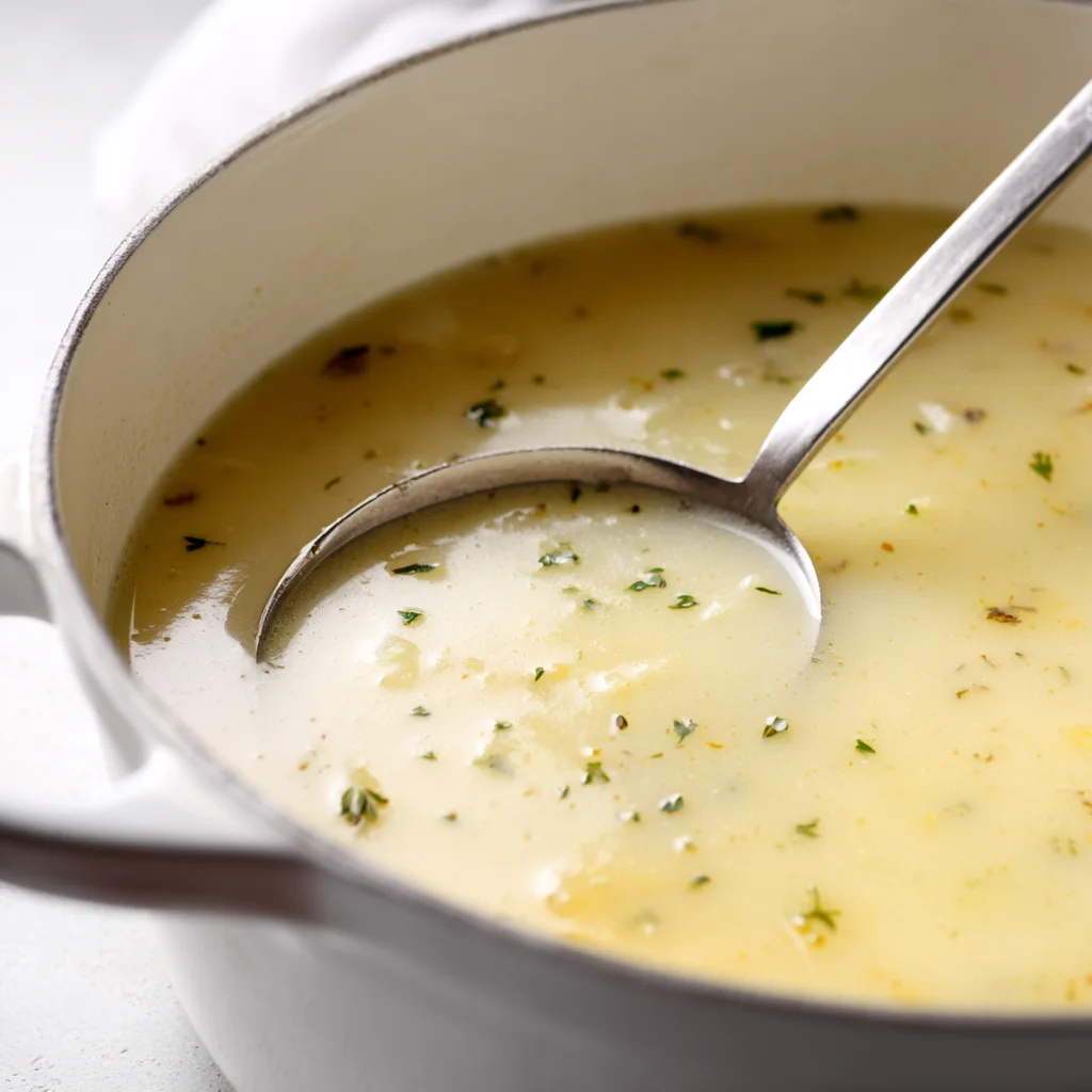 Smooth creamy potato soup in a white Dutch oven with herbs and a silver ladle resting inside

