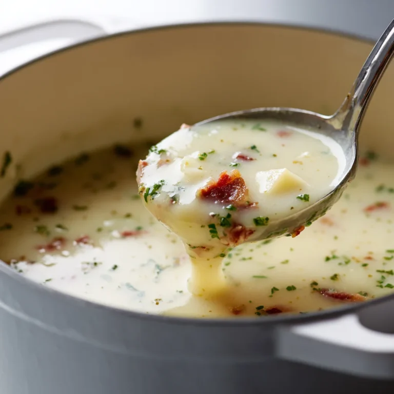 Ladle lifting creamy potato soup with herbs, small potato bits, and turkey bacon from white Dutch oven