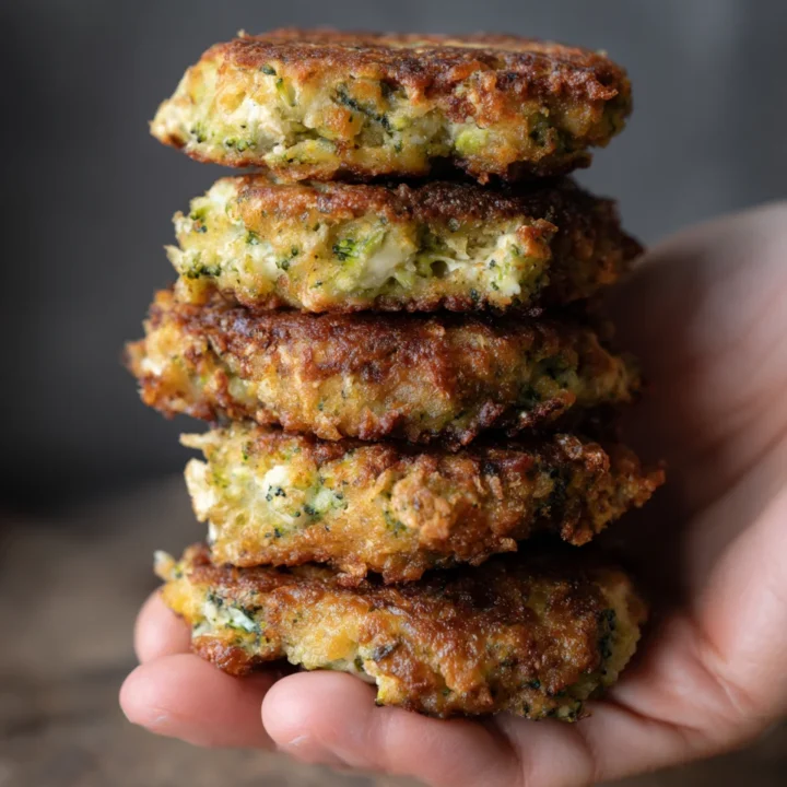 Stack of crispy chicken broccoli feta fritters held in hand