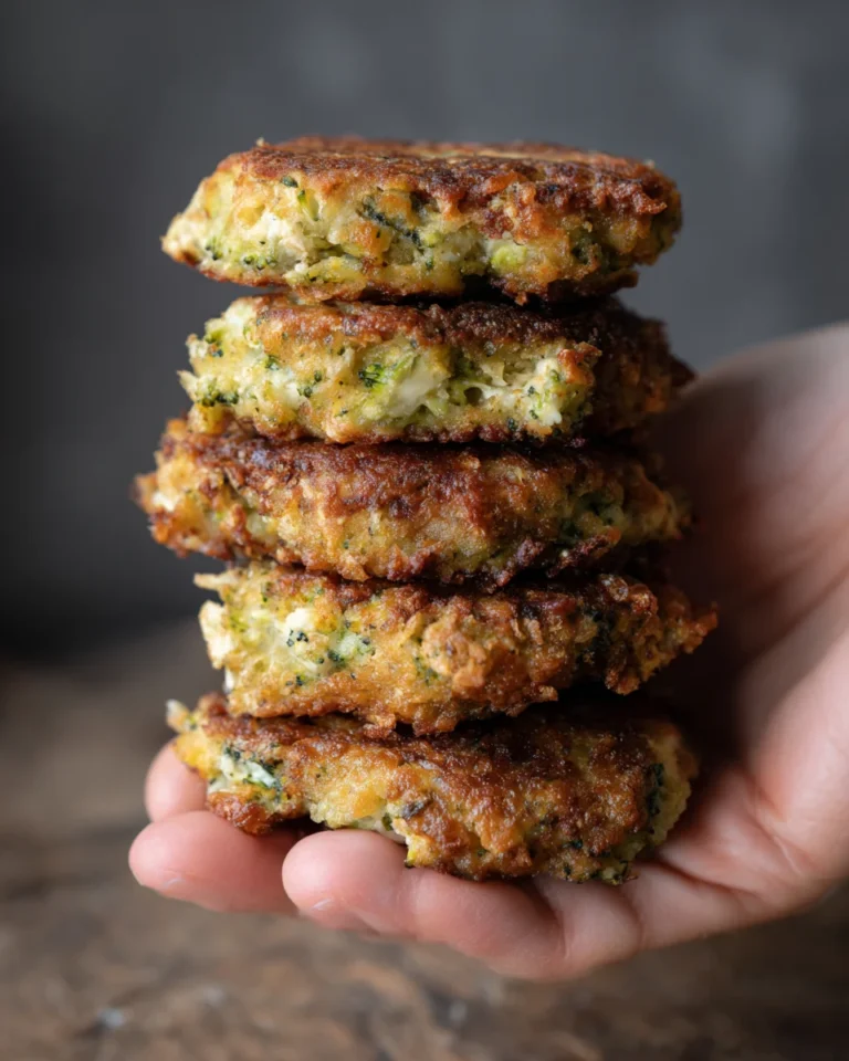 Stack of crispy chicken broccoli feta fritters held in hand