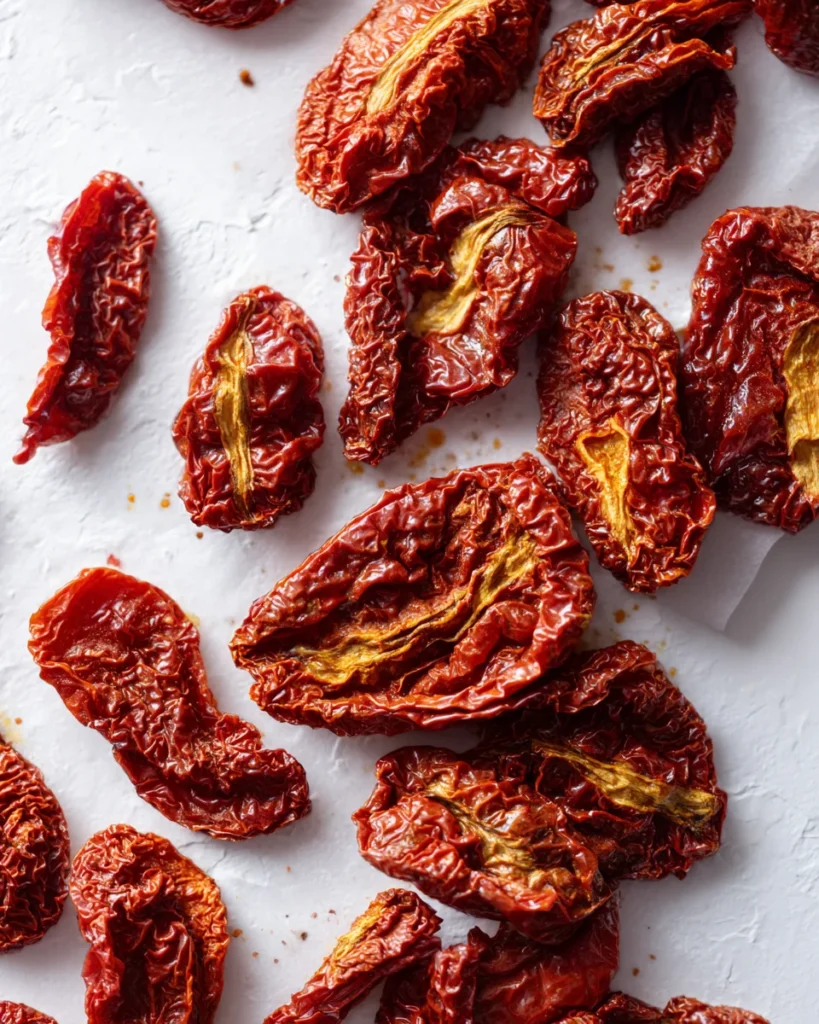 close-up of dried sun-dried tomatoes on a white background