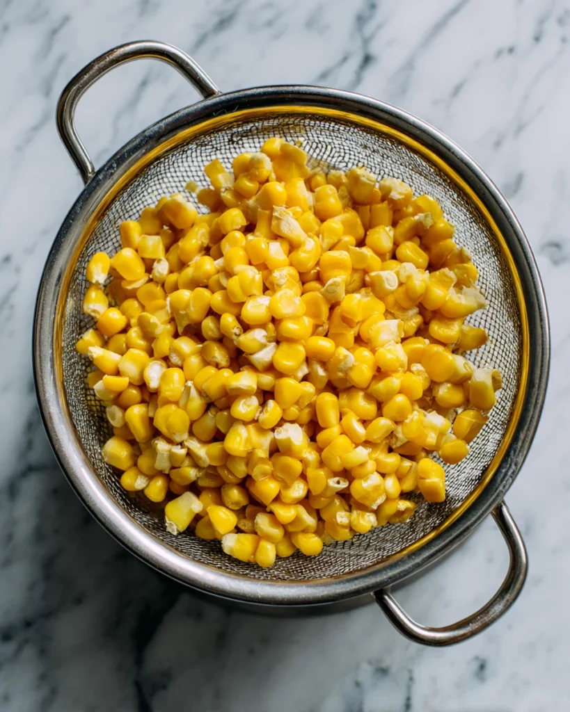 Fresh yellow corn kernels drained in a stainless steel mesh strainer on a marble counter.