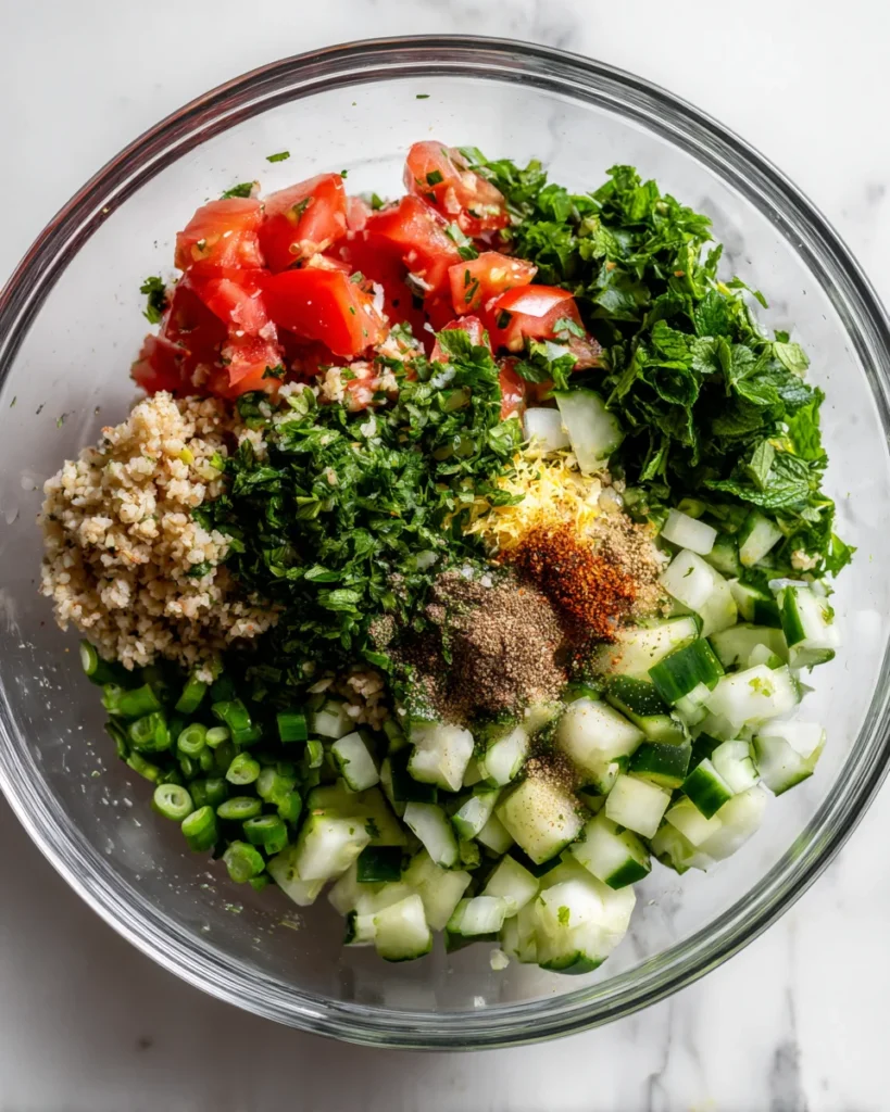  Fresh tabbouleh ingredients neatly arranged in a glass bowl before mixing.
