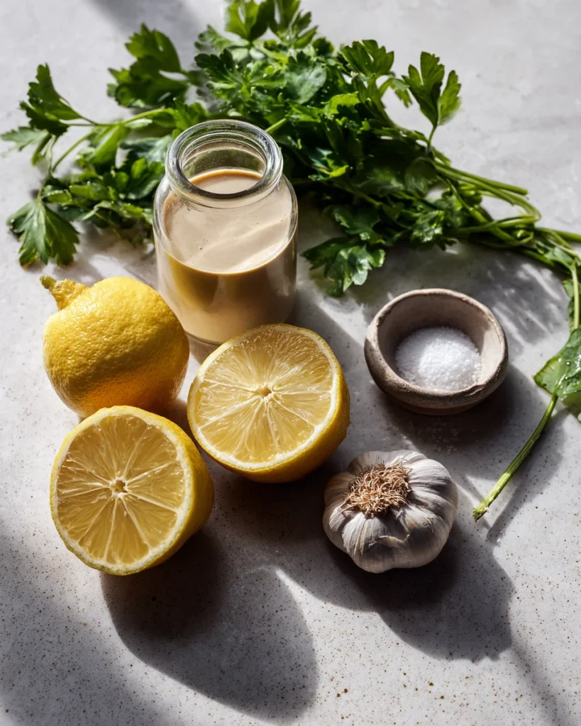 Flat lay of fresh tahini dressing ingredients including lemon, garlic, tahini, parsley, and salt on a white surface