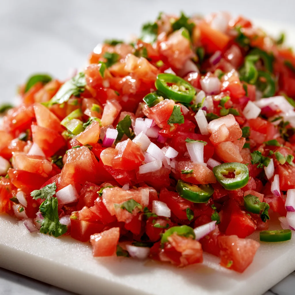 Fresh homemade pico de gallo with tomatoes, onions, cilantro, and jalapeños on a white cutting board