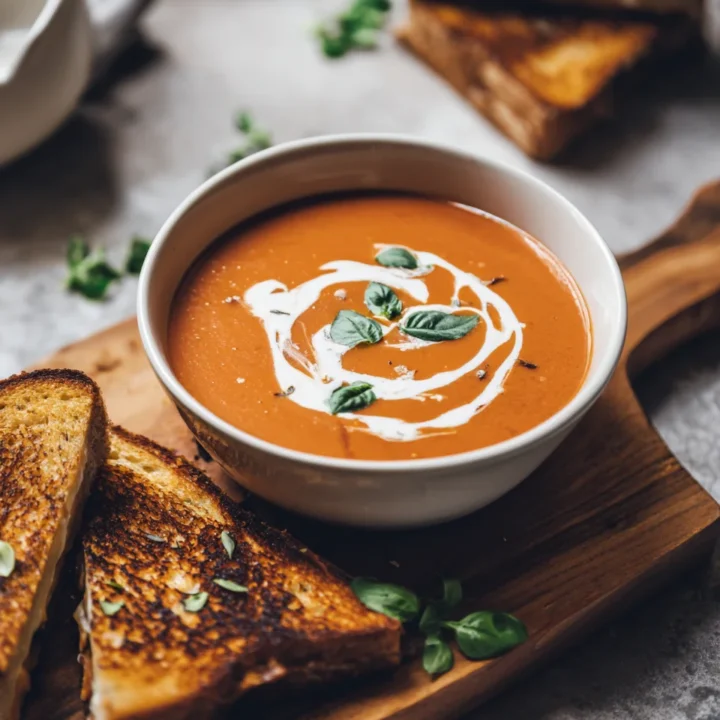 Creamy tomato soup with basil leaves and cream swirl served with grilled cheese on a wooden board