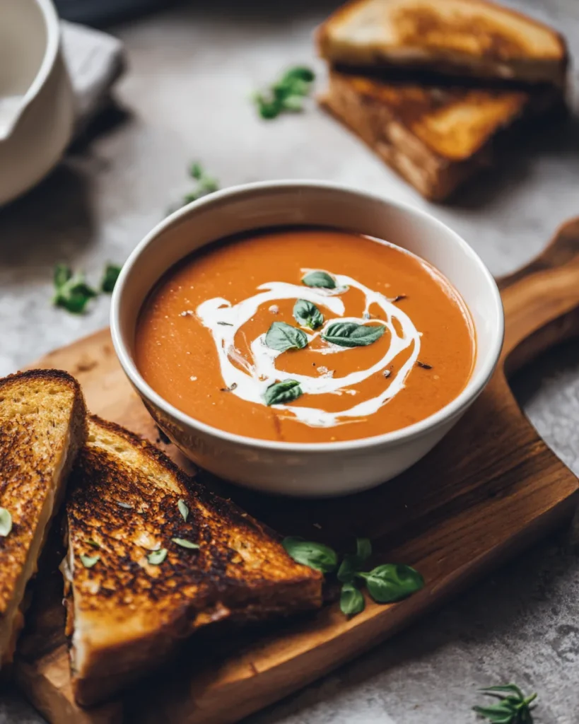 Creamy tomato soup with basil leaves and cream swirl served with grilled cheese on a wooden board