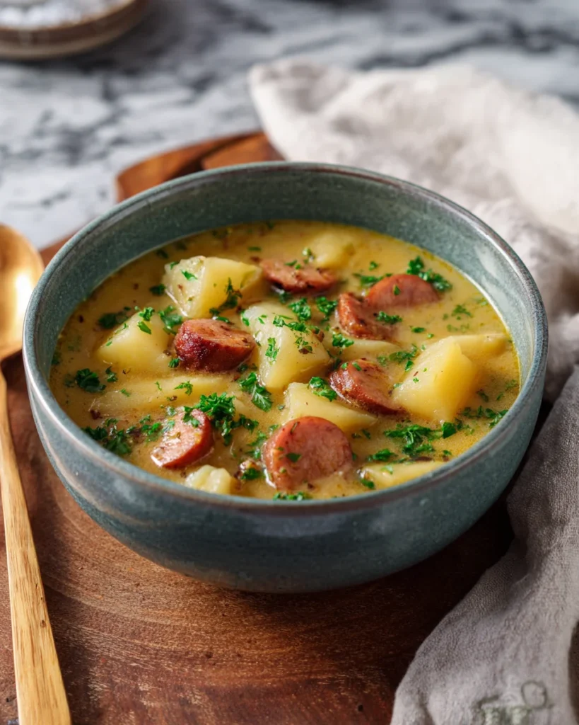 Close-up of Cajun potato soup in a ceramic bowl with parsley garnish on a wooden plate