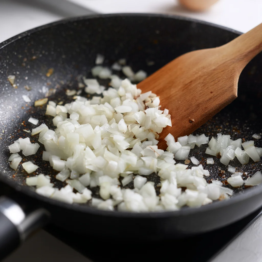 White onions sautéing in a skillet with a wooden spatula