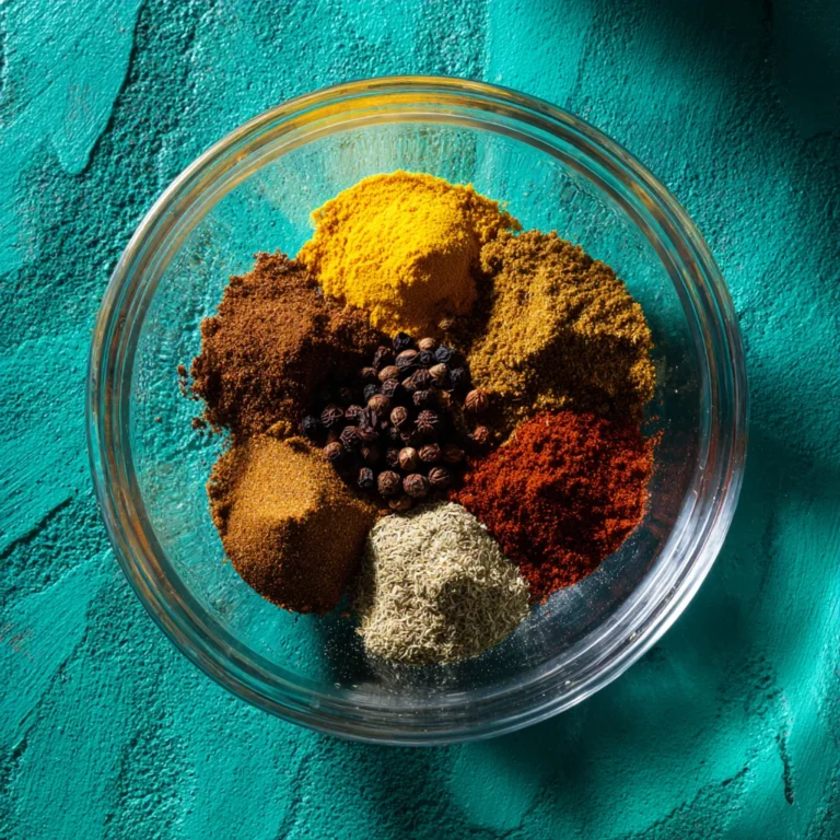 A variety of whole and ground shawarma spices in a clear glass bowl