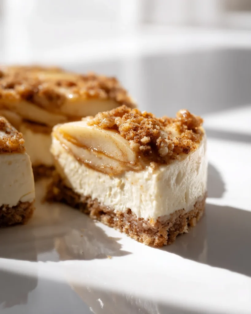 Close-up of a slice of apple crumble cheesecake with creamy layers, apple slices, and crumb topping.