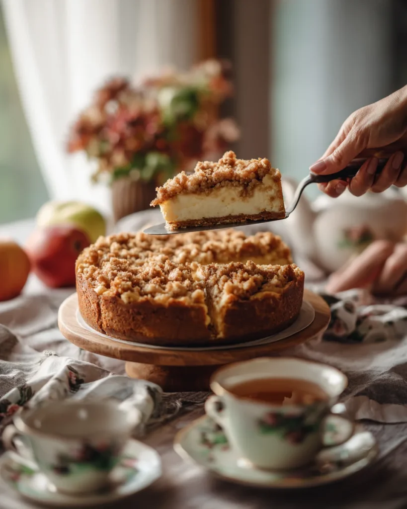Apple crumble cheesecake being served with a slice lifted, teacups and apples in the background.